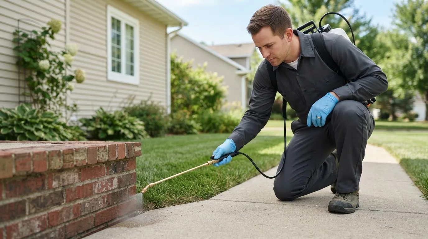 Pest control technician treating a home near Guildhall, VT